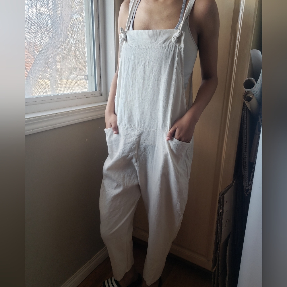 Women's Linen Cotton Blend Minimalist Stylish Cream Overalls Small